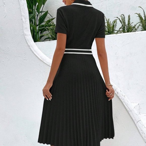 Black Preppy Womens Contrast Binding Pleated Hem Dress - Picture 3 of 4